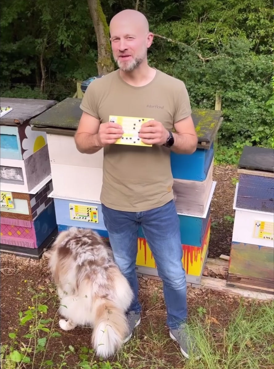 Charger la vidéo : In diesem Video wird gezeigt, wie die Pin-Stock-Karte am Bienenvolk befestigt wird.